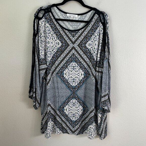 Rose + Olive Womens Plus 3X Geometric Tunic Top Open Sleeve Detail Stretch Shirt - Picture 8 of 10